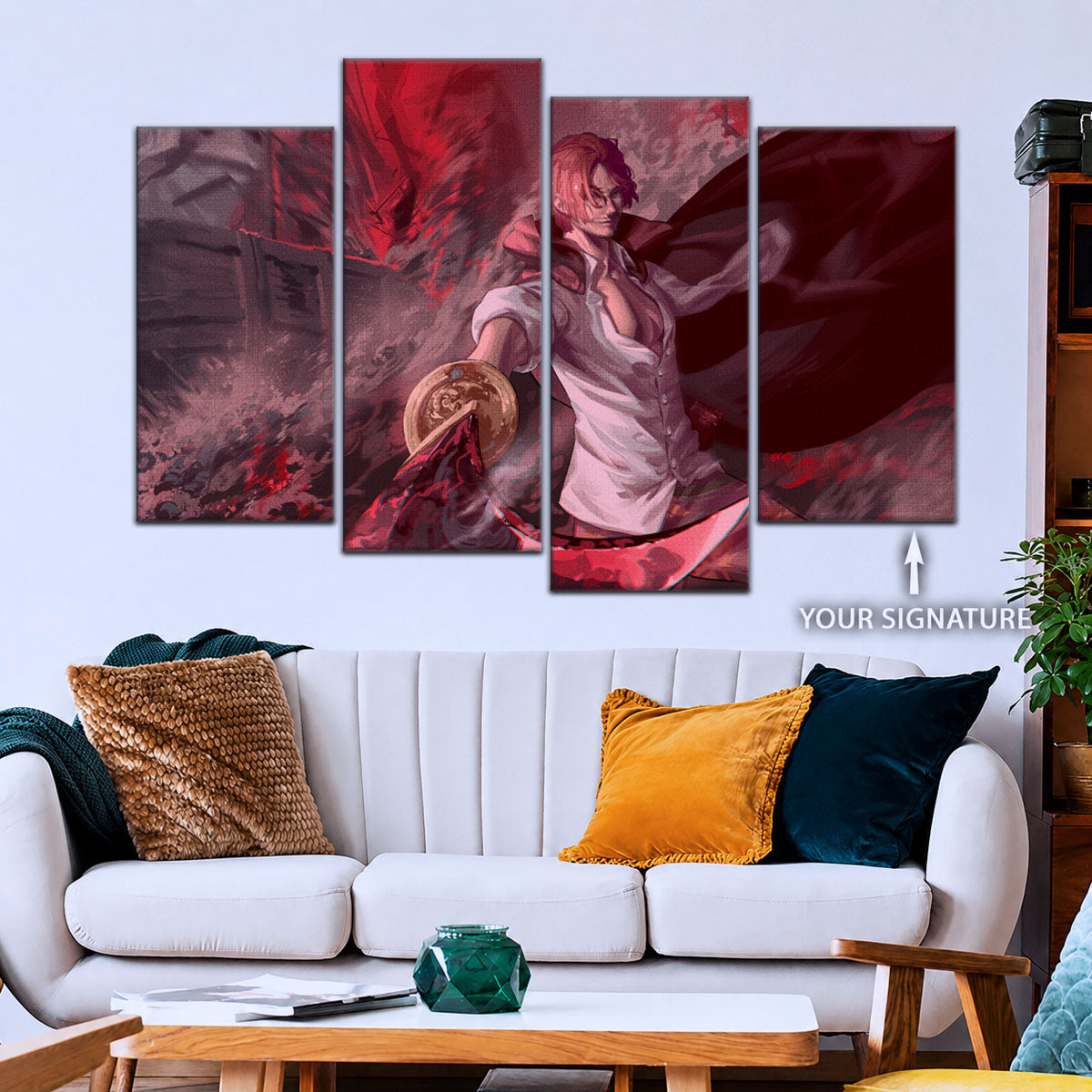 One Piece Canvas Wall Art - Red Hair Shanks 5 Piece Split Panel Anime Poster - Framed Ready to Hang Living Room & Man Cave Decor - OP5017