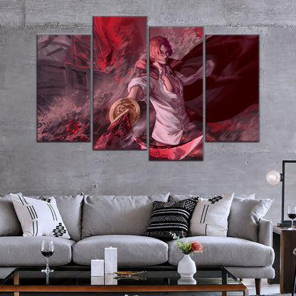 One Piece Canvas Wall Art - Red Hair Shanks 5 Piece Split Panel Anime Poster - Framed Ready to Hang Living Room & Man Cave Decor - OP5017