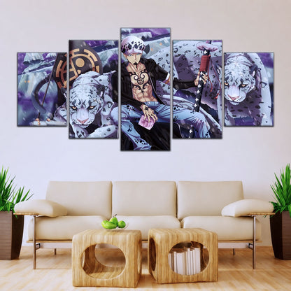 One Piece Canvas Wall Art - Trafalgar Law 5 Piece Split Panel Anime Poster - Framed Ready to Hang Living Room & Man Cave Decor - OP5018