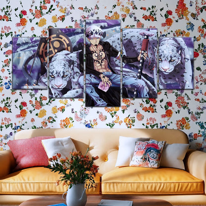 One Piece Canvas Wall Art - Trafalgar Law 5 Piece Split Panel Anime Poster - Framed Ready to Hang Living Room & Man Cave Decor - OP5018