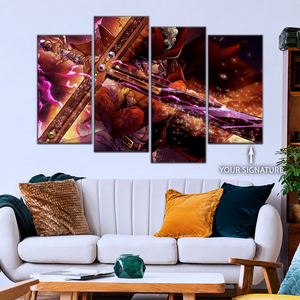 One Piece Canvas Wall Art - Dracule Mihawk 5 Piece Split Panel Anime Poster - Framed Ready to Hang Living Room & Man Cave Decor - OP5020