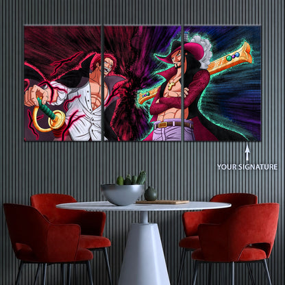 One Piece Canvas Wall Art - Mihawk vs Shanks 5 Piece Split Panel Anime Poster - Framed Ready to Hang Living Room & Man Cave Decor - OP5021
