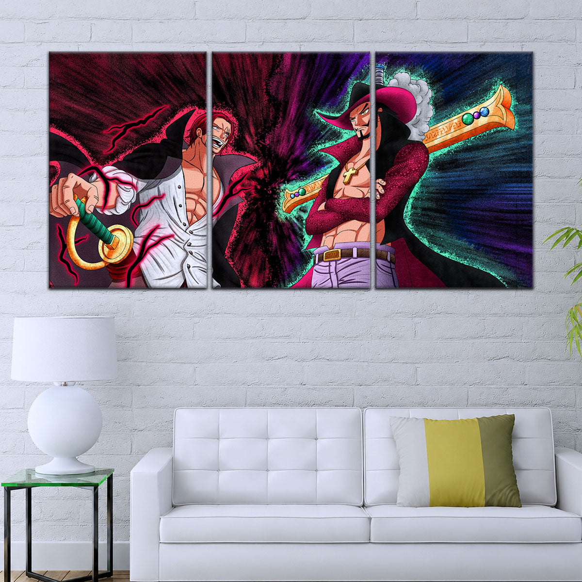 One Piece Canvas Wall Art - Mihawk vs Shanks 5 Piece Split Panel Anime Poster - Framed Ready to Hang Living Room & Man Cave Decor - OP5021