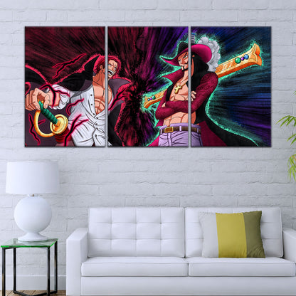 One Piece Canvas Wall Art - Mihawk vs Shanks 5 Piece Split Panel Anime Poster - Framed Ready to Hang Living Room & Man Cave Decor - OP5021