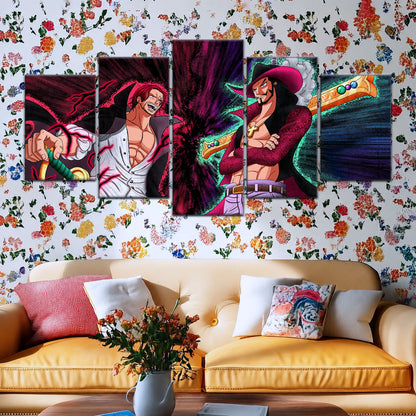 One Piece Canvas Wall Art - Mihawk vs Shanks 5 Piece Split Panel Anime Poster - Framed Ready to Hang Living Room & Man Cave Decor - OP5021