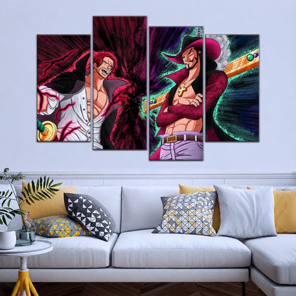 One Piece Canvas Wall Art - Mihawk vs Shanks 5 Piece Split Panel Anime Poster - Framed Ready to Hang Living Room & Man Cave Decor - OP5021