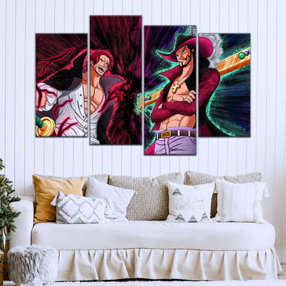 One Piece Canvas Wall Art - Mihawk vs Shanks 5 Piece Split Panel Anime Poster - Framed Ready to Hang Living Room & Man Cave Decor - OP5021