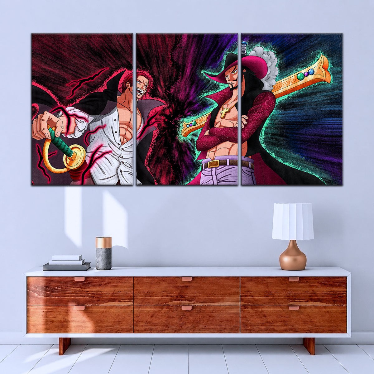 One Piece Canvas Wall Art - Mihawk vs Shanks 5 Piece Split Panel Anime Poster - Framed Ready to Hang Living Room & Man Cave Decor - OP5021