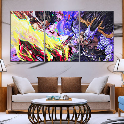 One Piece Canvas Wall Art - Luffy Gear 4 vs Kaido 5 Piece Split Panel Anime Poster - Framed Ready to Hang Living Room & Man Cave Decor - OP5022