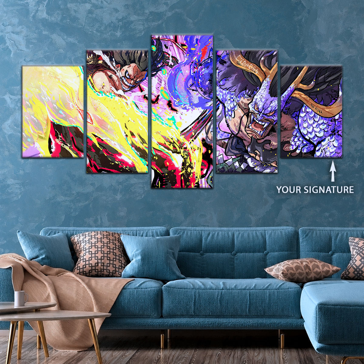 One Piece Canvas Wall Art - Luffy Gear 4 vs Kaido 5 Piece Split Panel Anime Poster - Framed Ready to Hang Living Room & Man Cave Decor - OP5022