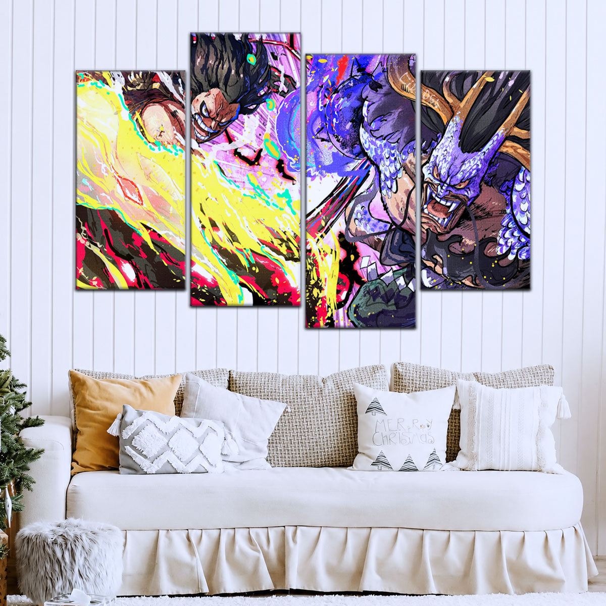 One Piece Canvas Wall Art - Luffy Gear 4 vs Kaido 5 Piece Split Panel Anime Poster - Framed Ready to Hang Living Room & Man Cave Decor - OP5022