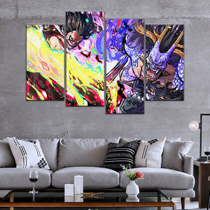 One Piece Canvas Wall Art - Luffy Gear 4 vs Kaido 5 Piece Split Panel Anime Poster - Framed Ready to Hang Living Room & Man Cave Decor - OP5022