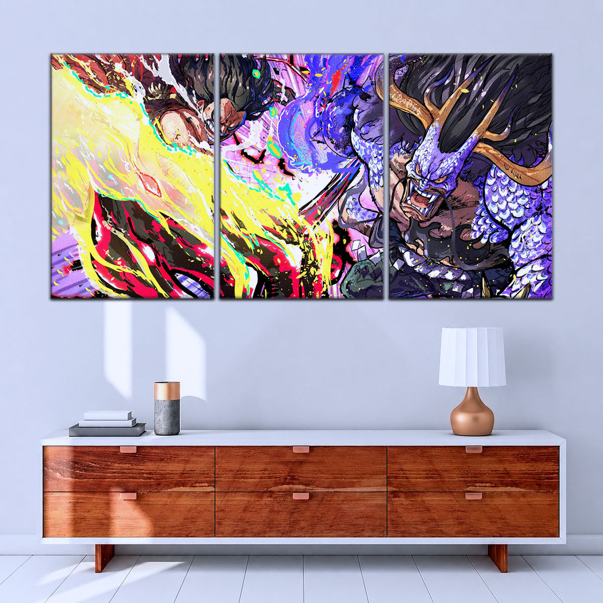 One Piece Canvas Wall Art - Luffy Gear 4 vs Kaido 5 Piece Split Panel Anime Poster - Framed Ready to Hang Living Room & Man Cave Decor - OP5022