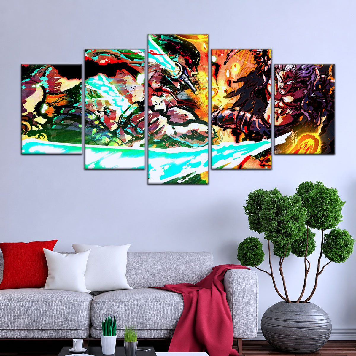 One Piece Canvas Wall Art - Zoro vs King | 5 Piece Split Panel Anime Poster - Framed Ready to Hang Living Room & Man Cave Decor - OP5023