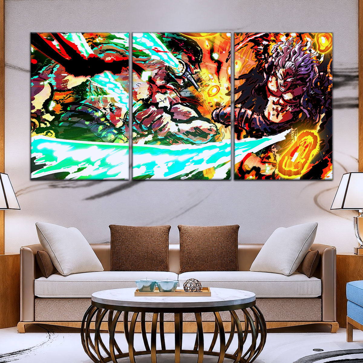 One Piece Canvas Wall Art - Zoro vs King | 5 Piece Split Panel Anime Poster - Framed Ready to Hang Living Room & Man Cave Decor - OP5023