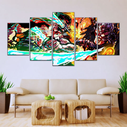 One Piece Canvas Wall Art - Zoro vs King | 5 Piece Split Panel Anime Poster - Framed Ready to Hang Living Room & Man Cave Decor - OP5023