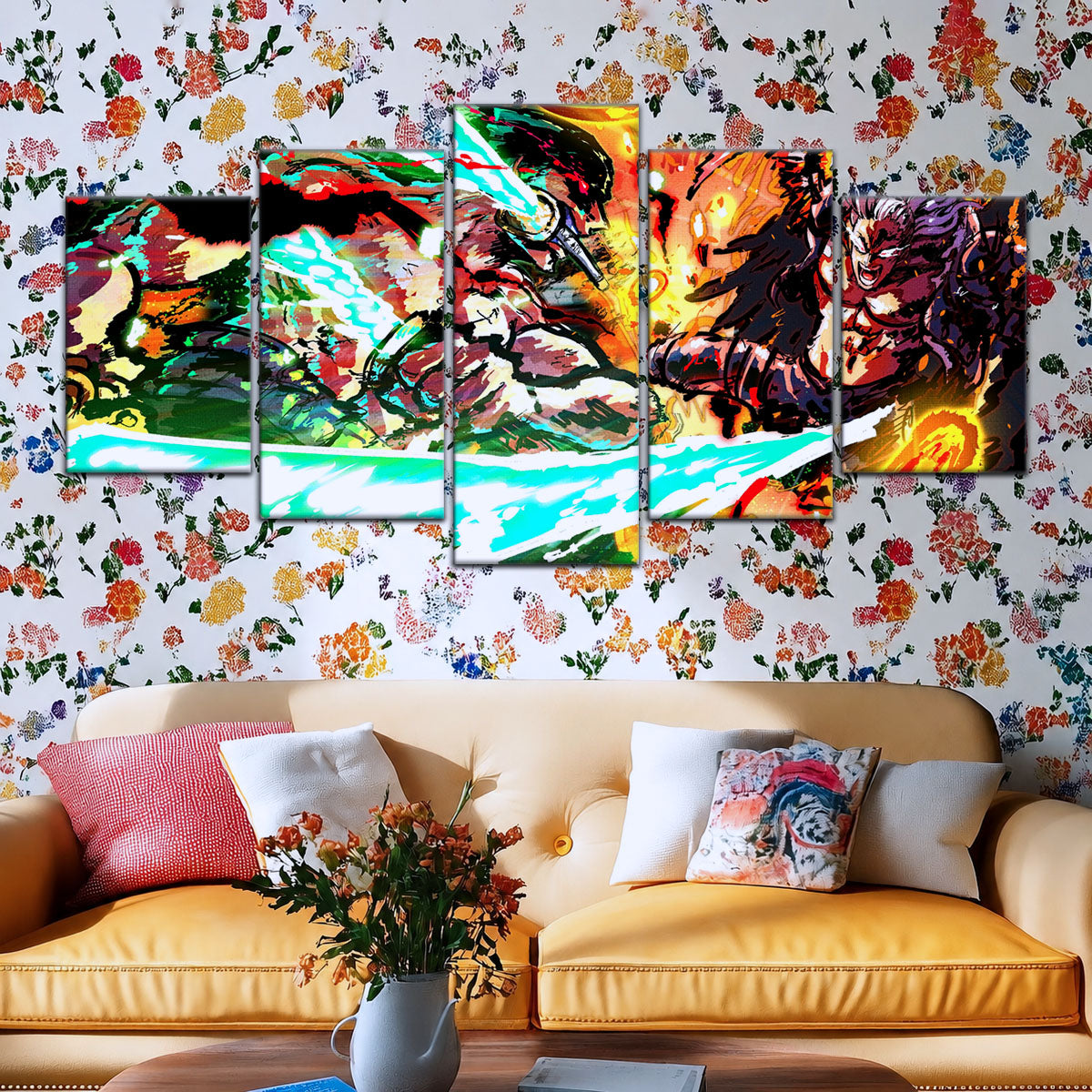 One Piece Canvas Wall Art - Zoro vs King | 5 Piece Split Panel Anime Poster - Framed Ready to Hang Living Room & Man Cave Decor - OP5023