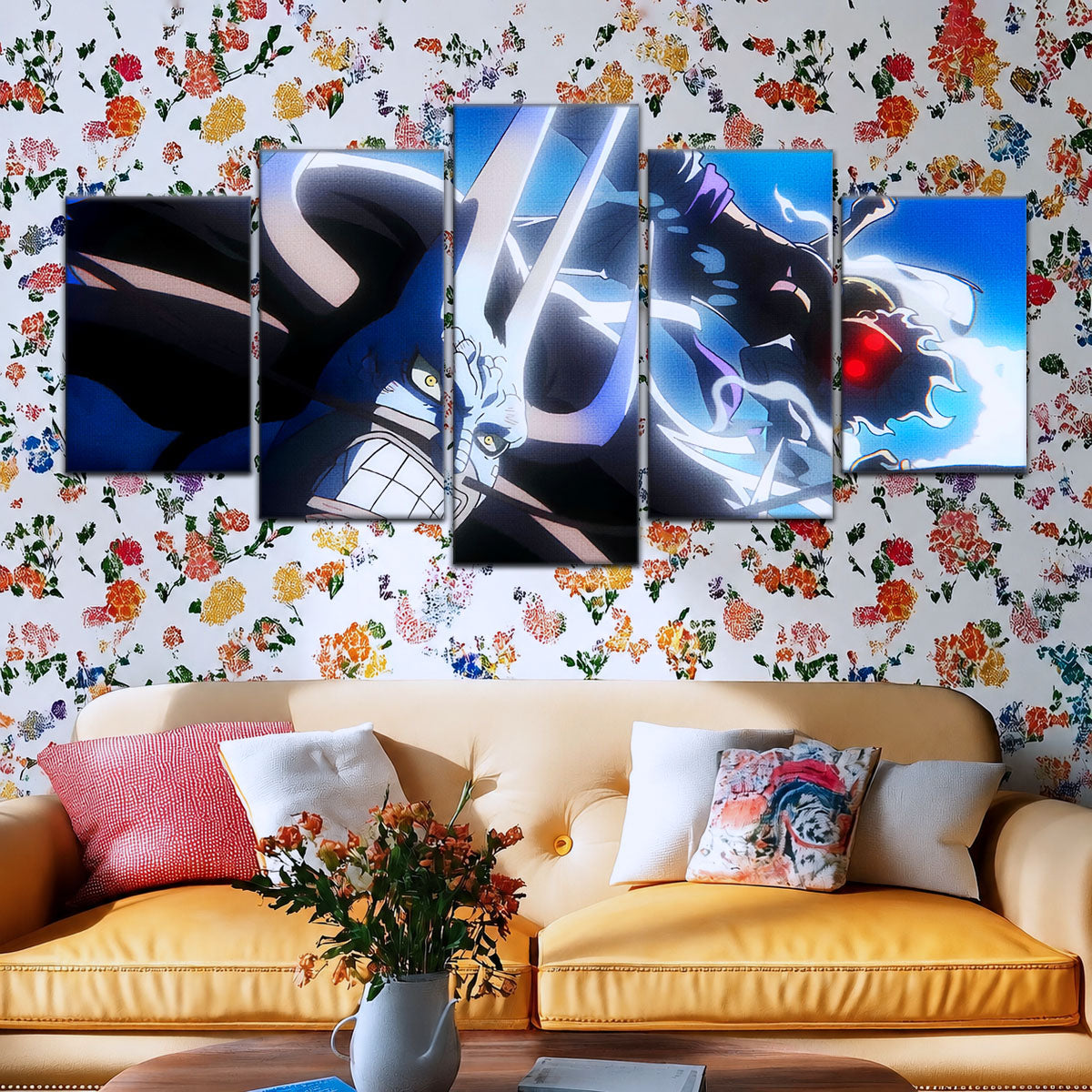 One Piece Canvas Wall Art - Luffy Gear Fifth vs Kaido 5 Piece Split Panel Anime Poster - Framed Ready to Hang Living Room & Man Cave Decor - OP5025