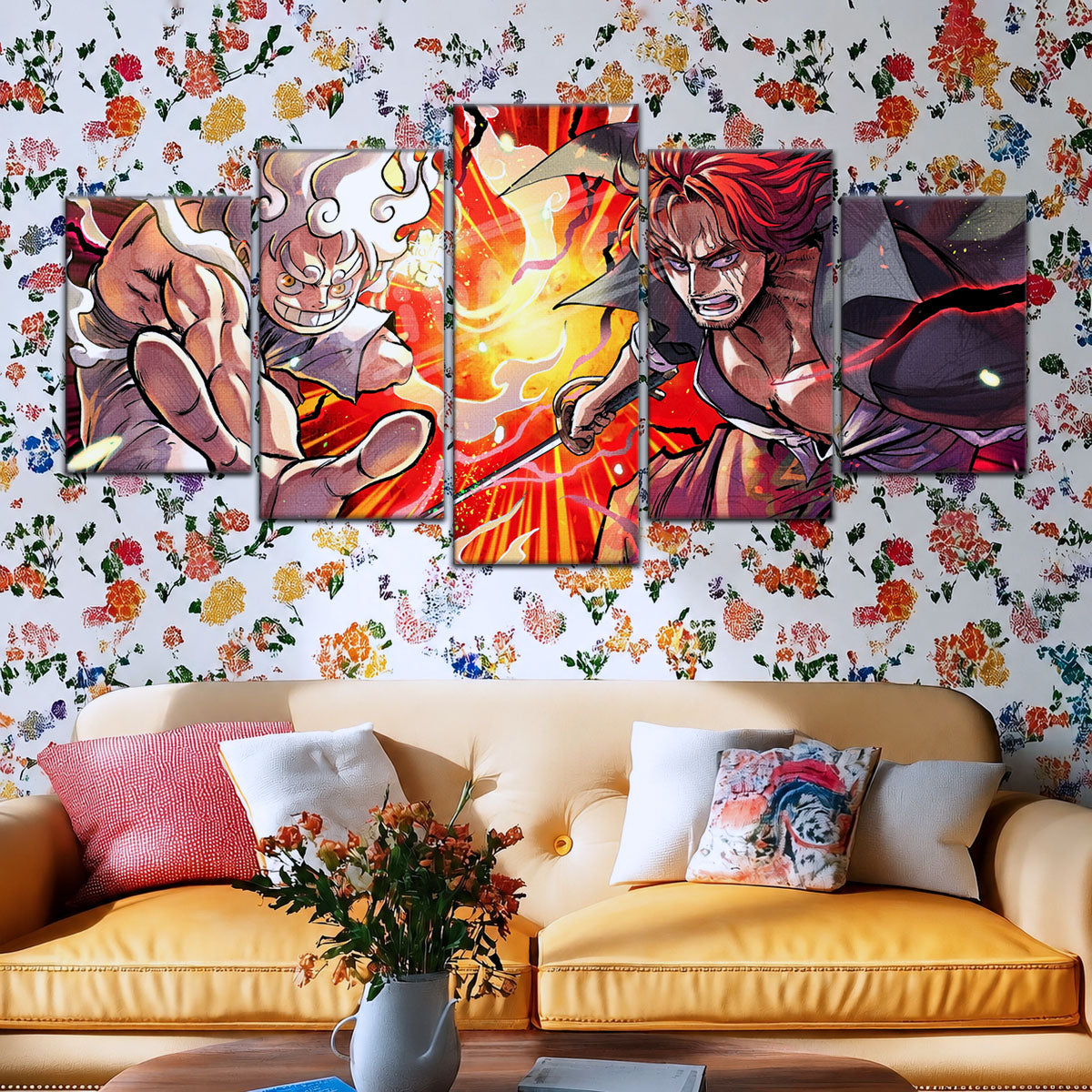 One Piece Canvas Wall Art - Luffy & Shanks 5 Piece Split Panel Anime Poster - Framed Ready to Hang Living Room & Man Cave Decor - OP5026