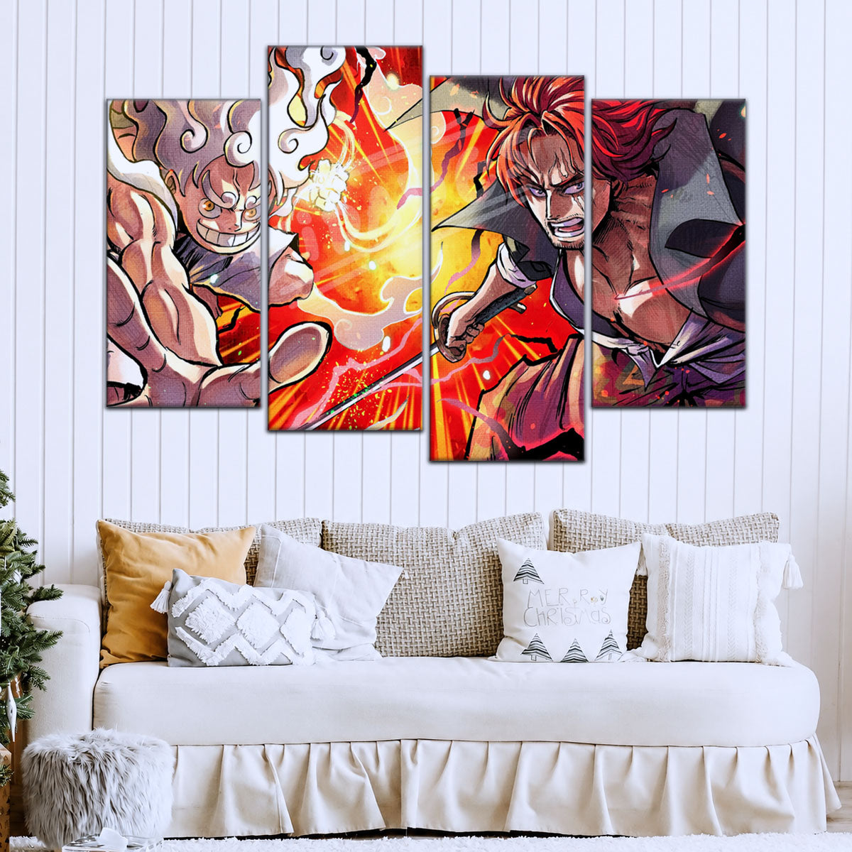 One Piece Canvas Wall Art - Luffy & Shanks 5 Piece Split Panel Anime Poster - Framed Ready to Hang Living Room & Man Cave Decor - OP5026