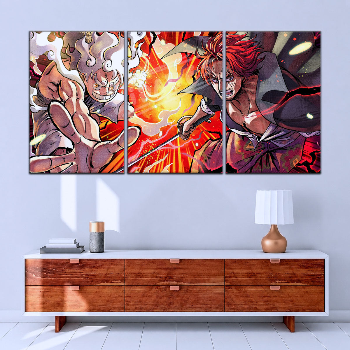 One Piece Canvas Wall Art - Luffy & Shanks 5 Piece Split Panel Anime Poster - Framed Ready to Hang Living Room & Man Cave Decor - OP5026