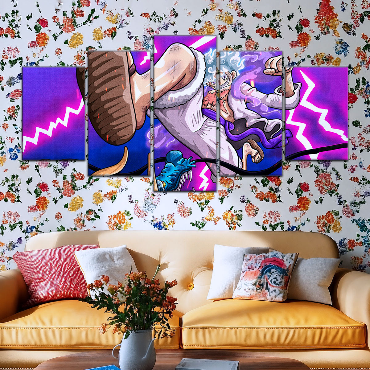 One Piece Canvas Wall Art - Luffy Gear Fifth vs Kaido 5 Piece Split Panel Anime Poster - Framed Ready to Hang Living Room & Man Cave Decor - OP5027