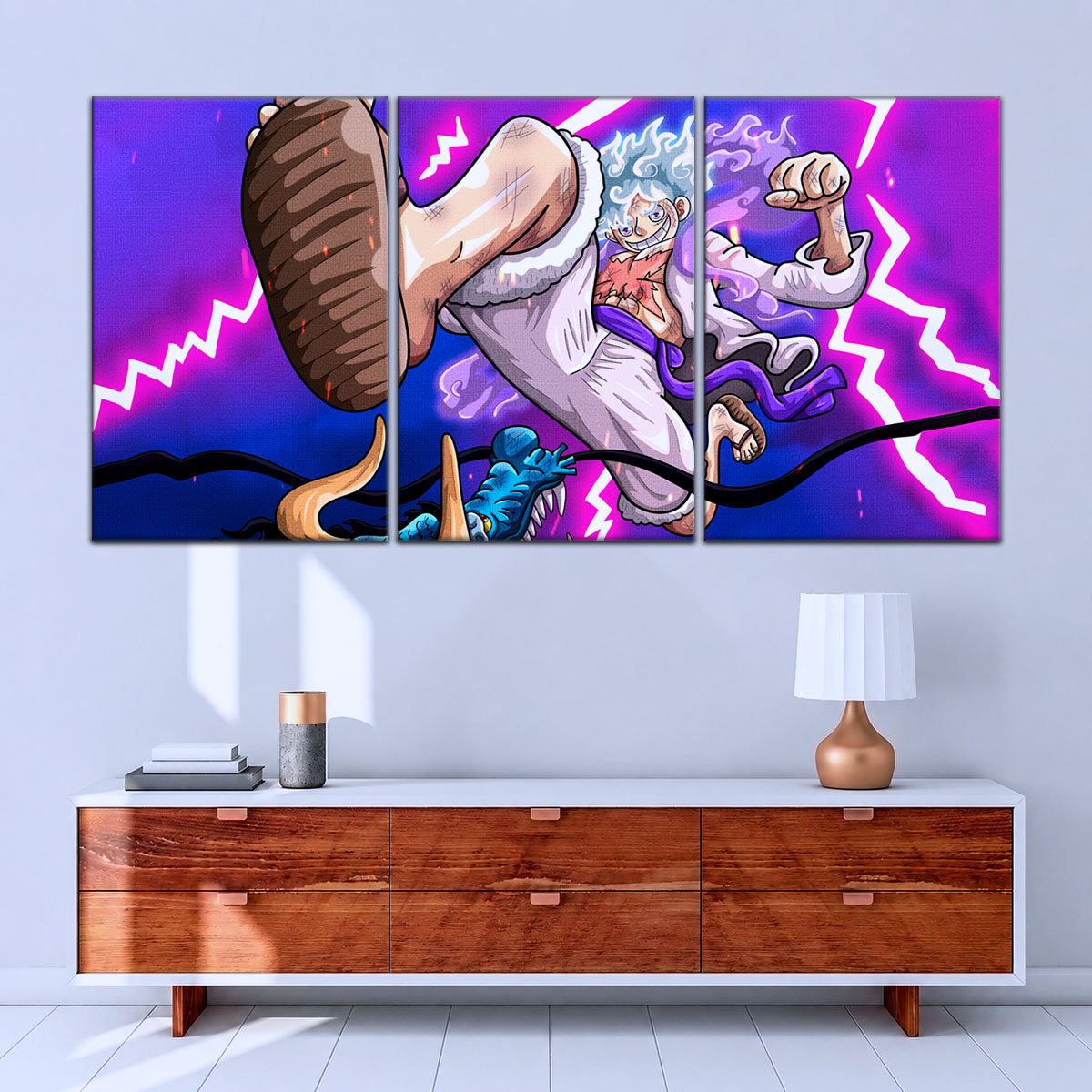 One Piece Canvas Wall Art - Luffy Gear Fifth vs Kaido 5 Piece Split Panel Anime Poster - Framed Ready to Hang Living Room & Man Cave Decor - OP5027