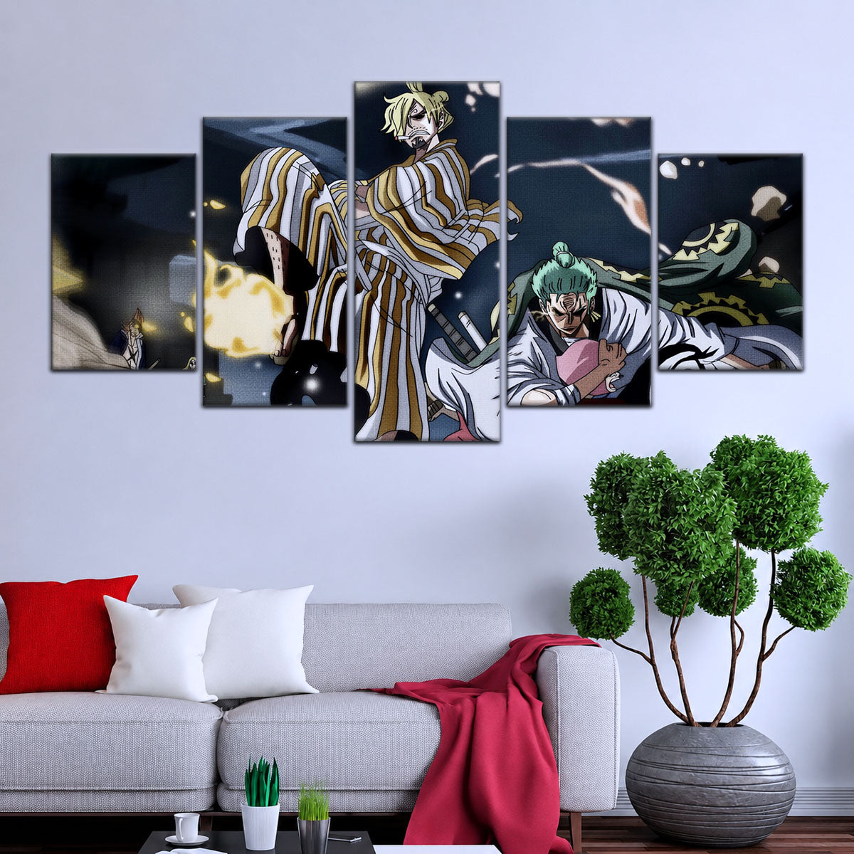 One Piece Canvas Wall Art - Sanji, Zoro & Toko 5 Piece Split Panel Anime Poster - Framed Ready to Hang Living Room & Man Cave Decor - OP5028