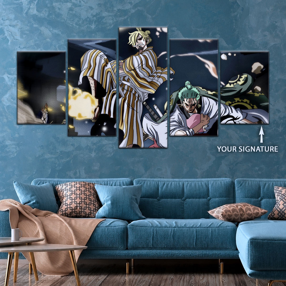 One Piece Canvas Wall Art - Sanji, Zoro & Toko 5 Piece Split Panel Anime Poster - Framed Ready to Hang Living Room & Man Cave Decor - OP5028