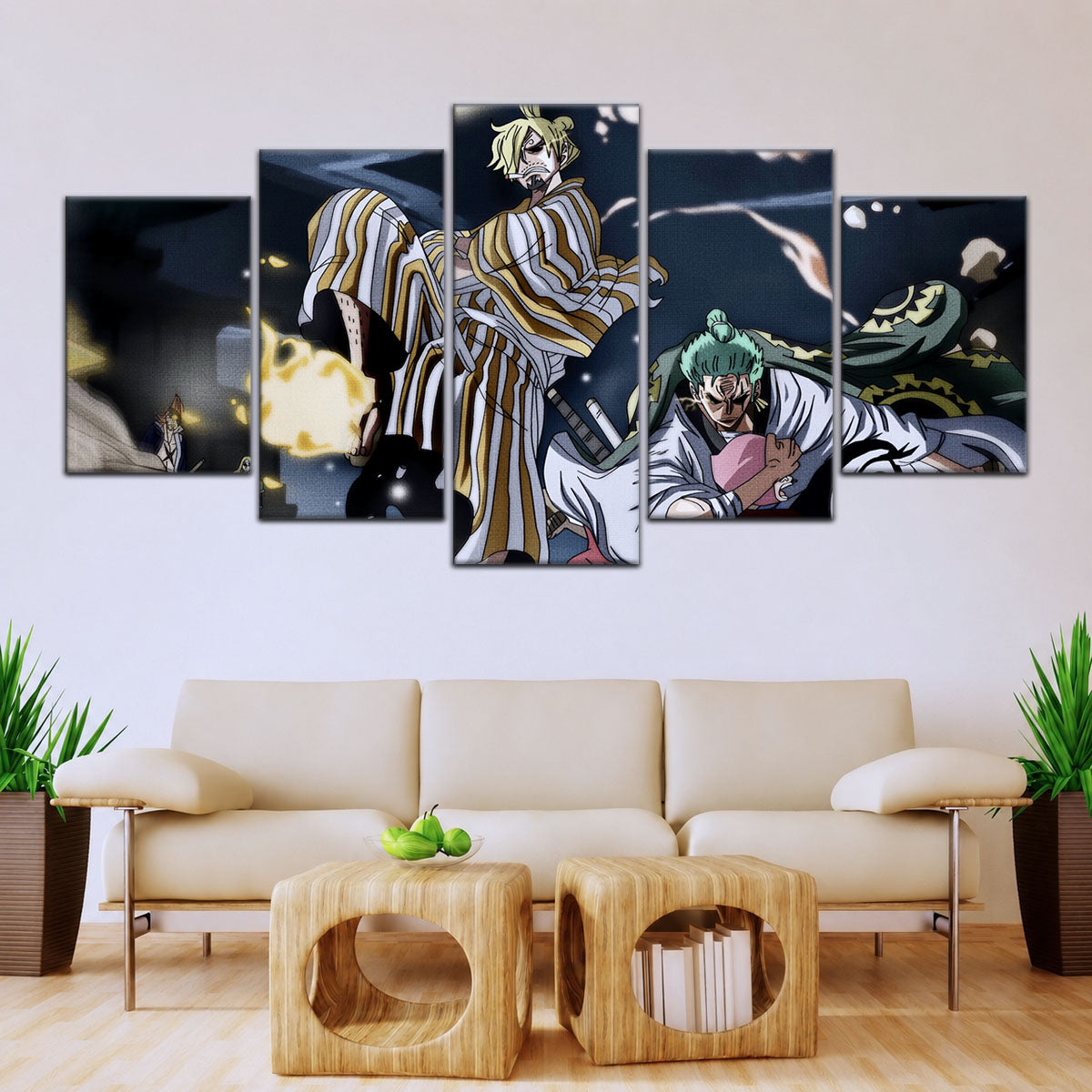 One Piece Canvas Wall Art - Sanji, Zoro & Toko 5 Piece Split Panel Anime Poster - Framed Ready to Hang Living Room & Man Cave Decor - OP5028