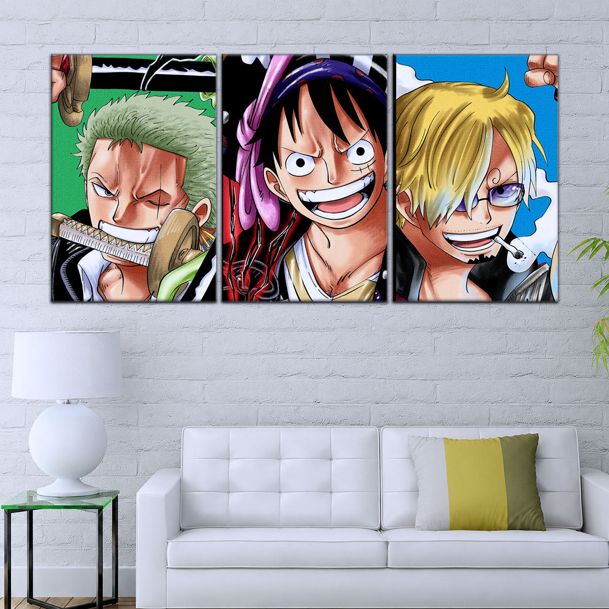 One Piece Canvas Wall Art - Monster Trio Luffy Gear 5, Zoro & Sanji 5 Piece Split Panel Anime Poster - Framed Ready to Hang Living Room & Man Cave Decor - OP5029