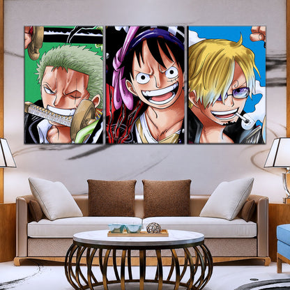 One Piece Canvas Wall Art - Monster Trio Luffy Gear 5, Zoro & Sanji 5 Piece Split Panel Anime Poster - Framed Ready to Hang Living Room & Man Cave Decor - OP5029