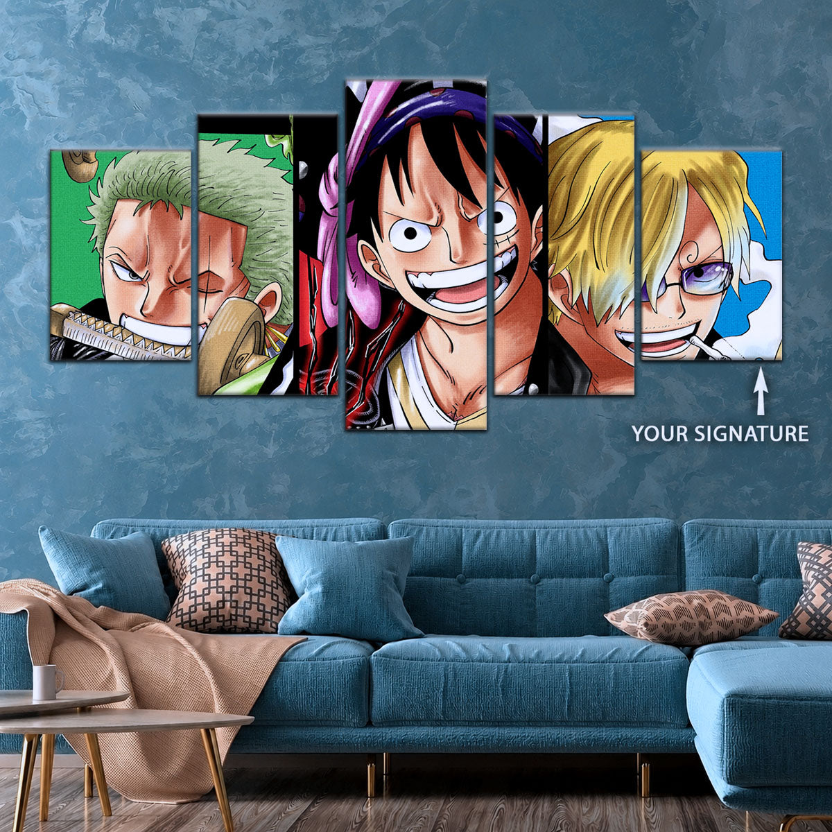 One Piece Canvas Wall Art - Monster Trio Luffy Gear 5, Zoro & Sanji 5 Piece Split Panel Anime Poster - Framed Ready to Hang Living Room & Man Cave Decor - OP5029
