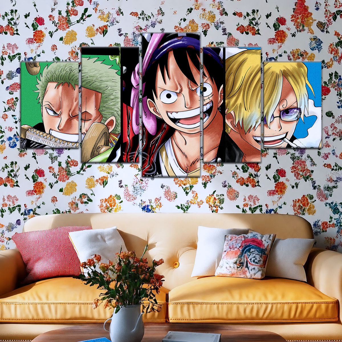 One Piece Canvas Wall Art - Monster Trio Luffy Gear 5, Zoro & Sanji 5 Piece Split Panel Anime Poster - Framed Ready to Hang Living Room & Man Cave Decor - OP5029