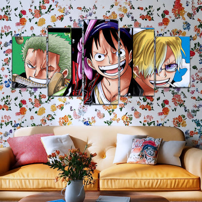 One Piece Canvas Wall Art - Monster Trio Luffy Gear 5, Zoro & Sanji 5 Piece Split Panel Anime Poster - Framed Ready to Hang Living Room & Man Cave Decor - OP5029
