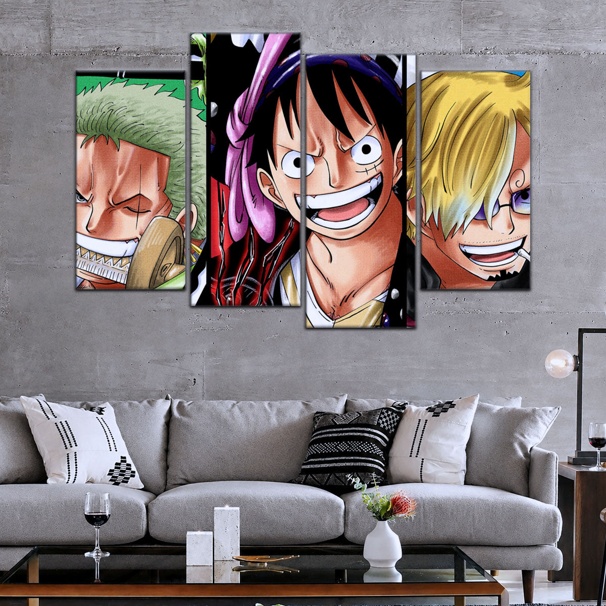 One Piece Canvas Wall Art - Monster Trio Luffy Gear 5, Zoro & Sanji 5 Piece Split Panel Anime Poster - Framed Ready to Hang Living Room & Man Cave Decor - OP5029