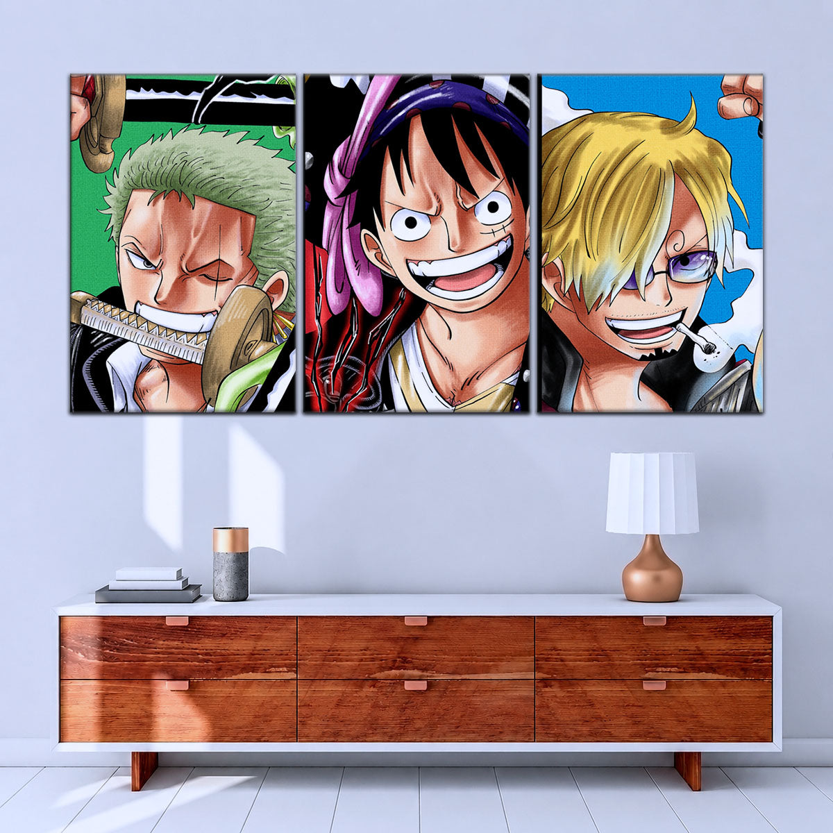 One Piece Canvas Wall Art - Monster Trio Luffy Gear 5, Zoro & Sanji 5 Piece Split Panel Anime Poster - Framed Ready to Hang Living Room & Man Cave Decor - OP5029
