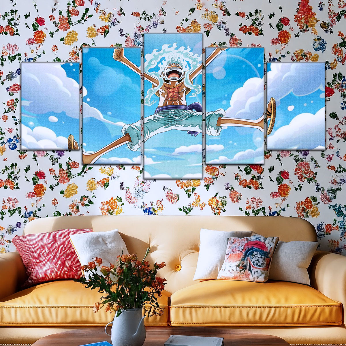 One Piece Canvas Wall Art - Monkey D. Luffy 5 Piece Split Panel Anime Poster - Framed Ready to Hang Living Room & Man Cave Decor - OP5031