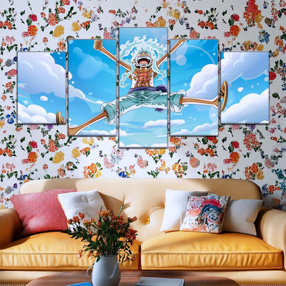 One Piece Canvas Wall Art - Monkey D. Luffy 5 Piece Split Panel Anime Poster - Framed Ready to Hang Living Room & Man Cave Decor - OP5031