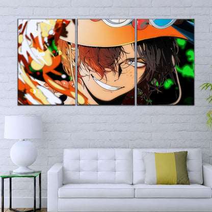 One Piece Canvas Wall Art - Portgas D. Ace Fire Fist 5 Piece Split Panel Anime Poster - Framed Ready to Hang Living Room & Man Cave Decor - OP5034