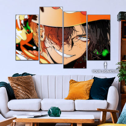 One Piece Canvas Wall Art - Portgas D. Ace Fire Fist 5 Piece Split Panel Anime Poster - Framed Ready to Hang Living Room & Man Cave Decor - OP5034