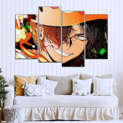 One Piece Canvas Wall Art - Portgas D. Ace Fire Fist 5 Piece Split Panel Anime Poster - Framed Ready to Hang Living Room & Man Cave Decor - OP5034
