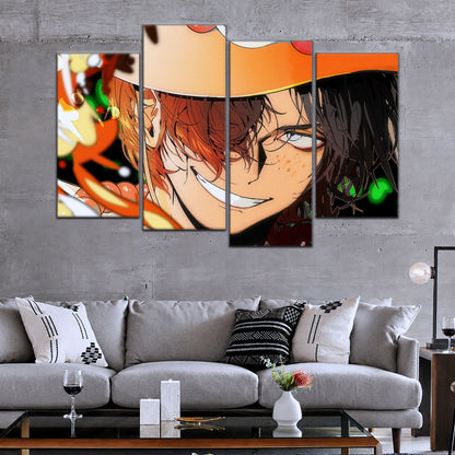 One Piece Canvas Wall Art - Portgas D. Ace Fire Fist 5 Piece Split Panel Anime Poster - Framed Ready to Hang Living Room & Man Cave Decor - OP5034