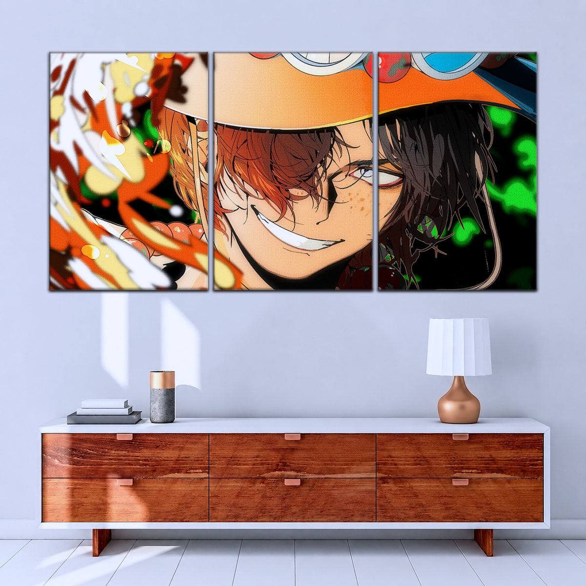 One Piece Canvas Wall Art - Portgas D. Ace Fire Fist 5 Piece Split Panel Anime Poster - Framed Ready to Hang Living Room & Man Cave Decor - OP5034