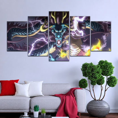 One Piece Canvas Wall Art - Kaido Thunderstorm 5 Piece Split Panel Anime Poster - Framed Ready to Hang Living Room & Man Cave Decor - OP5035