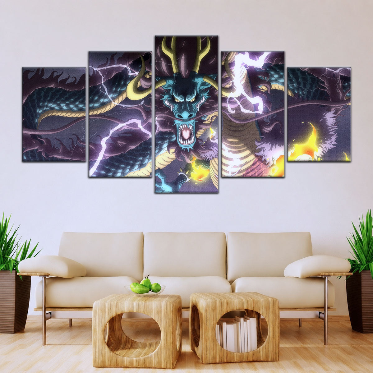 One Piece Canvas Wall Art - Kaido Thunderstorm 5 Piece Split Panel Anime Poster - Framed Ready to Hang Living Room & Man Cave Decor - OP5035