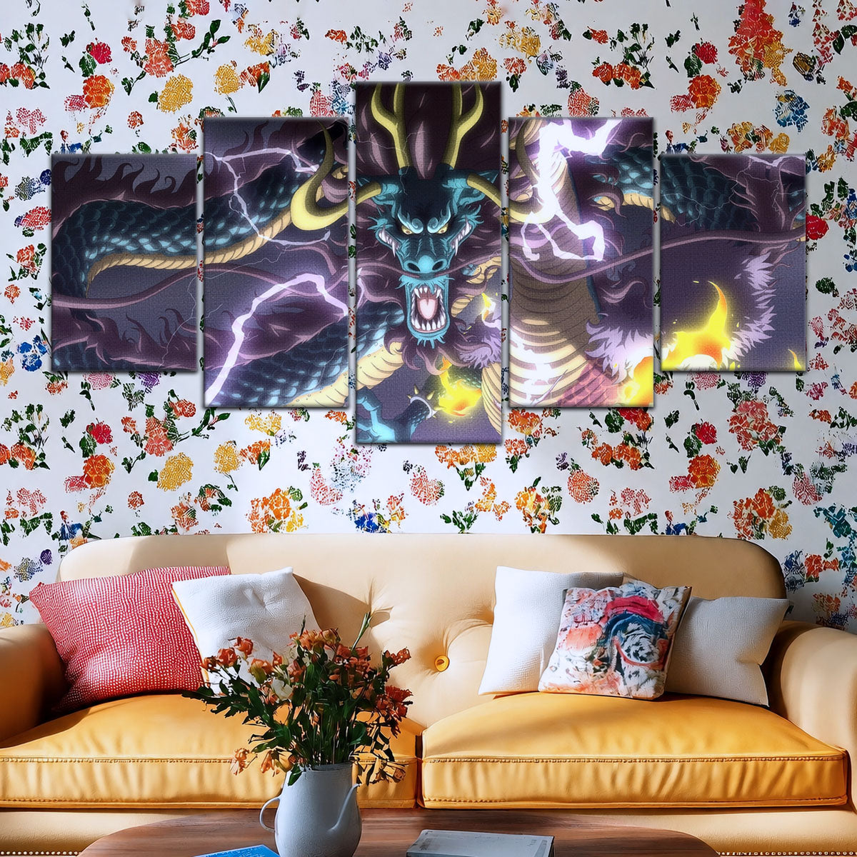 One Piece Canvas Wall Art - Kaido Thunderstorm 5 Piece Split Panel Anime Poster - Framed Ready to Hang Living Room & Man Cave Decor - OP5035