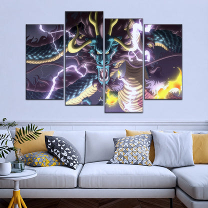 One Piece Canvas Wall Art - Kaido Thunderstorm 5 Piece Split Panel Anime Poster - Framed Ready to Hang Living Room & Man Cave Decor - OP5035