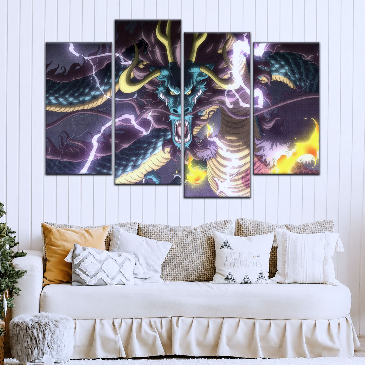 One Piece Canvas Wall Art - Kaido Thunderstorm 5 Piece Split Panel Anime Poster - Framed Ready to Hang Living Room & Man Cave Decor - OP5035