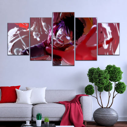 One Piece Canvas Wall Art - Luffy's Fierce Reach 5 Piece Split Panel Anime Poster - Framed Ready to Hang Living Room & Man Cave Decor - OP5037